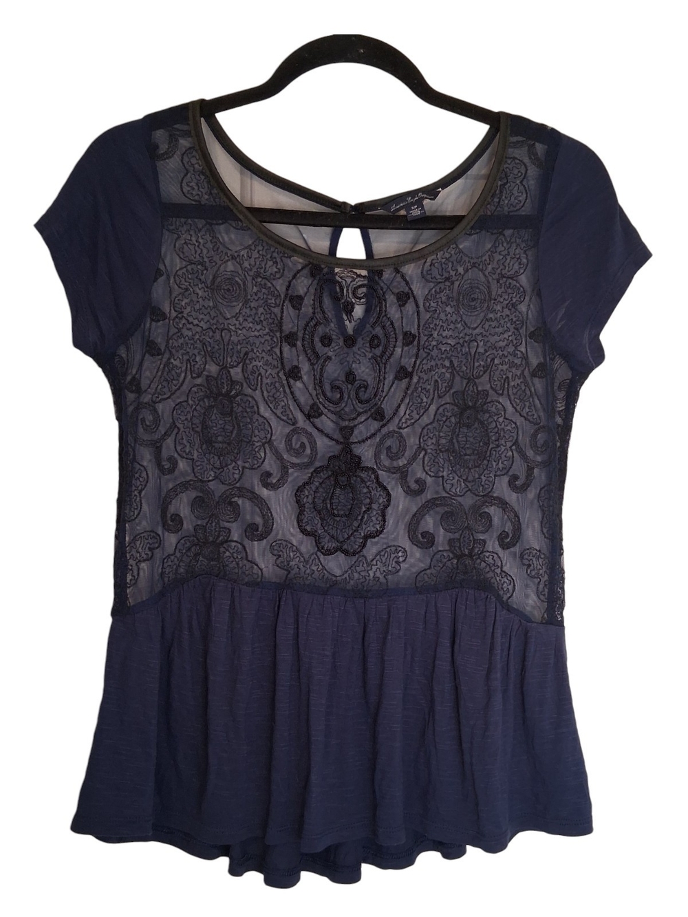 American Eagle Floral Embroidered Mesh Sheer Beaded Peplum Top Size Small